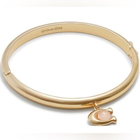 NWT COACH Women’s Goldtone C Charm w/ Rose Quartz Bangle Bracelet - Picture 4 of 14